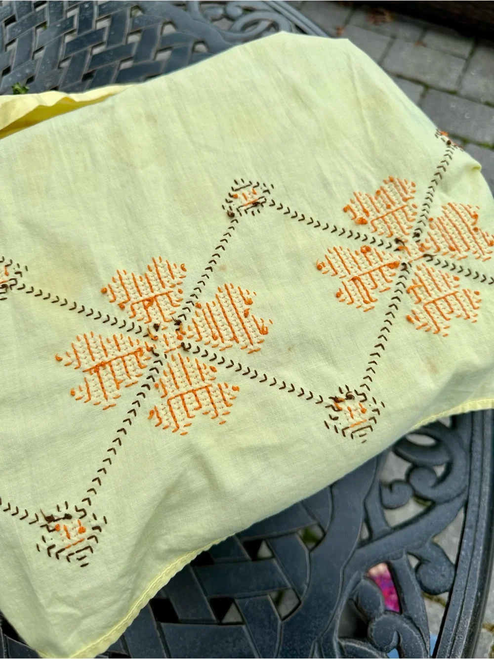 Retro Yellow Cotton Apron Cross Stitch Embroidery Pocket Cottagecore